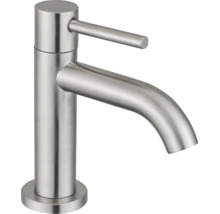 Einhebel-Waschtischarmatur aus gebürstetem Edelstahl mit zylindrischem Gehäuse und gebogenem Auslauf.