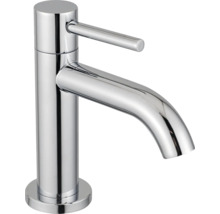 Einhand-Waschtischarmatur in Chrom mit gebogenem Auslauf und seitlichem Hebel.