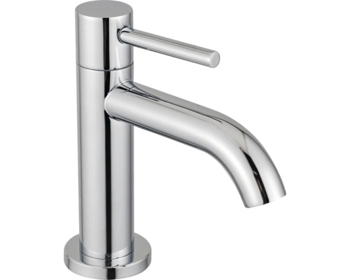 Einhand-Waschtischarmatur in Chrom mit gebogenem Auslauf und seitlichem Hebel.