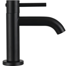 Mattschwarze Einhebel-Waschtischarmatur in zylindrischem Design.