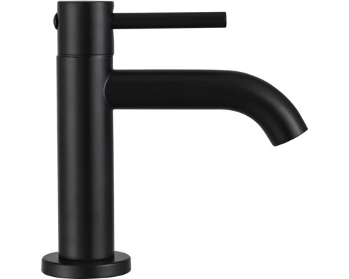 Mattschwarze Einhebel-Waschtischarmatur in zylindrischem Design.
