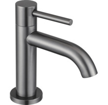 Einhebel-Waschtischmischer aus gebürstetem dunklem Edelstahl in modernem Design.