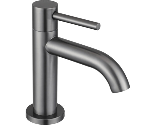 Einhebel-Waschtischmischer aus gebürstetem dunklem Edelstahl in modernem Design.