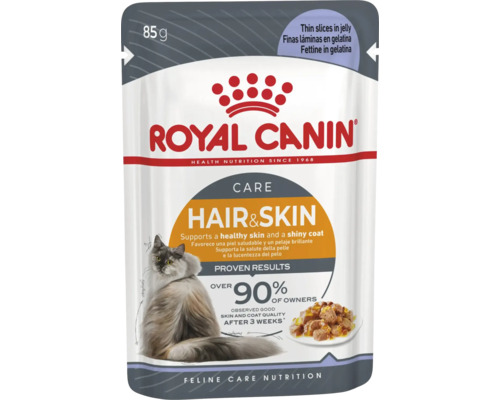 Royal Canin Care Hair und Skin Katzenfutter, feine Stückchen in Gelee, 85 Gramm Portionsbeutel.