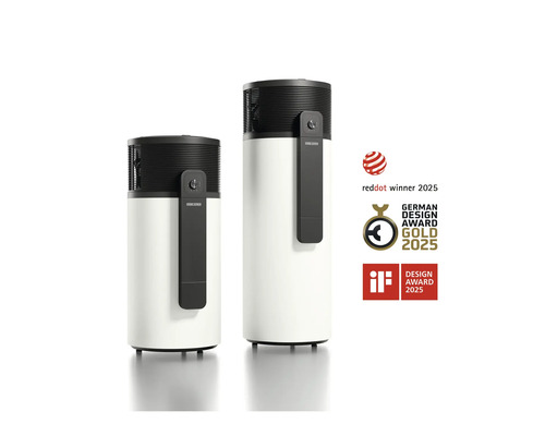 Zwei weiße Stiebel Eltron Warmwasser-Wärmepumpen mit Red Dot Winner 2025, German Design Award Gold 2025 und iF Design Award 2025.
