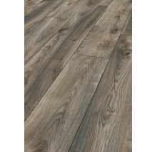 Laminatboden mit rustikaler Holzmaserung, Astlöchern und fühlbarer Oberflächenstruktur.