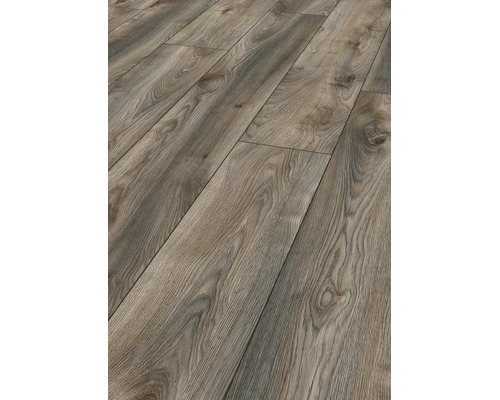 Laminatboden mit rustikaler Holzmaserung, Astlöchern und fühlbarer Oberflächenstruktur.