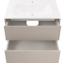 Waschbeckenunterschrank in Beige mit zwei geöffneten Schubladen und weißem Waschbecken, griffloses Design.
