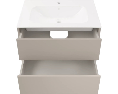 Waschbeckenunterschrank in Beige mit zwei geöffneten Schubladen und weißem Waschbecken, griffloses Design.