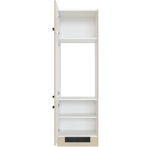 Küchenhochschrank in Eichenoptik für Einbaugeräte, mit zwei Türen, weißen Regalböden und Belüftungsgitter im Sockel.