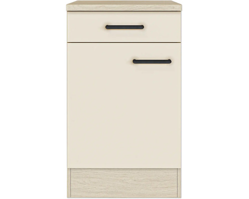 Küchenunterschrank mit einer Schublade, einer Tür, schwarzen Griffen und Arbeitsplatte in Holzoptik.