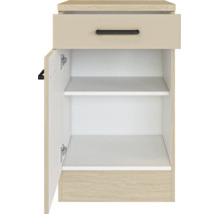 Küchen-Unterschrank mit einer Schublade und einer Tür, Innenansicht mit Einlegeboden und schwarzen Griffen.