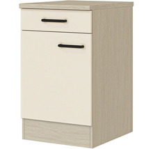 Küchenunterschrank mit einer Schublade, einer Tür, helles Holzdekor, cremefarbene Fronten und schwarzen Griffen.