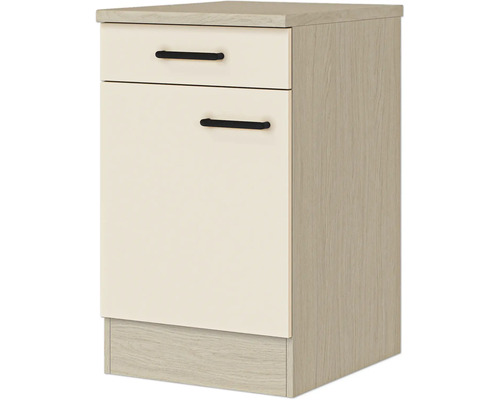 Küchenunterschrank mit einer Schublade, einer Tür, helles Holzdekor, cremefarbene Fronten und schwarzen Griffen.