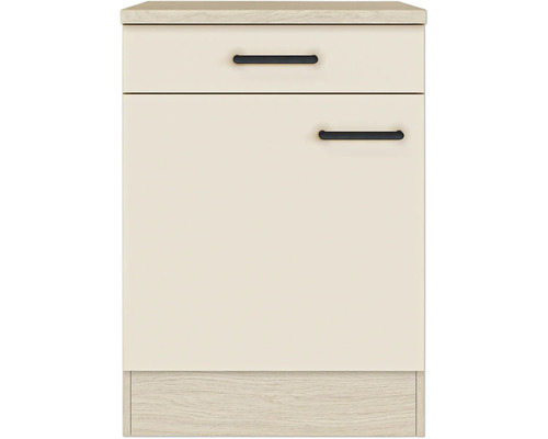 Küchen-Unterschrank mit Schublade und Tür, beige Fronten, schwarze Griffe, Arbeitsplatte und Sockel in Holzoptik.