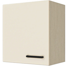 Küchen-Oberschrank mit cremefarbener Front, Seitenteil in heller Holzoptik und schwarzem Griff.