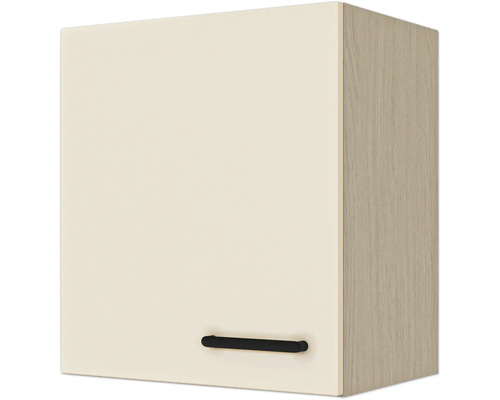 Küchen-Oberschrank mit cremefarbener Front, Seitenteil in heller Holzoptik und schwarzem Griff.