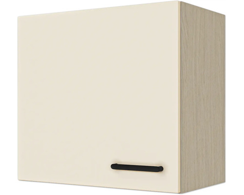 Oberschrank mit einfarbiger Front, Korpus in Holzoptik und schwarzem Griff.