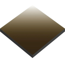 Quadratisches Musterstück einer Verbundplatte mit brauner Metallic-Oberfläche und dunklem Kern.