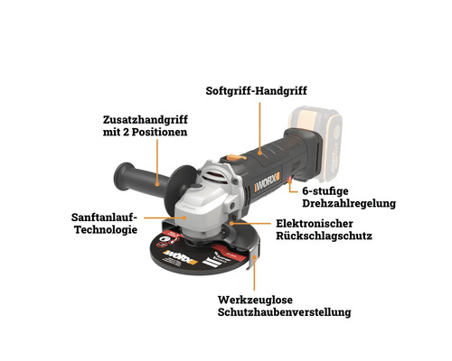 Worx Akku-Winkelschleifer mit Softgriff, Zusatzhandgriff, Sanftanlauf, 6-stufiger Drehzahlregelung und Rückschlagschutz.