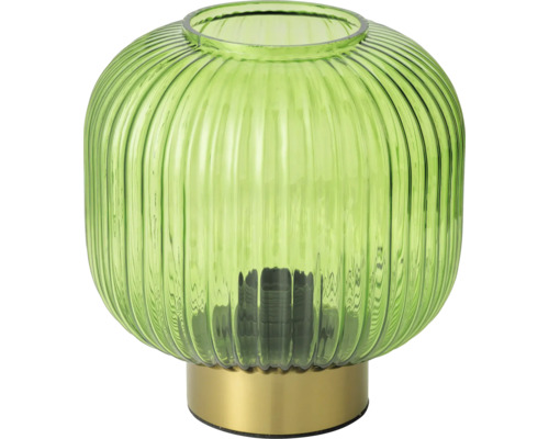 Tischleuchte aus geripptem Glas mit goldfarbenem Standfuß.