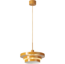 Orangefarbene, dreistufige Pendelleuchte aus Metall mit rundem Baldachin und schmalem Kabel.