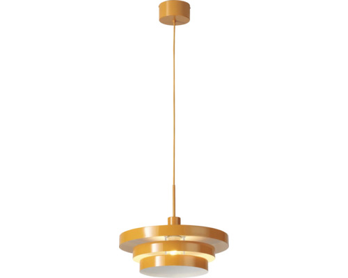 Orangefarbene, dreistufige Pendelleuchte aus Metall mit rundem Baldachin und schmalem Kabel.