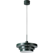 Dunkelgrüne Pendelleuchte aus Metall mit rundem, dreistufigem Schirm.