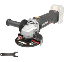 Worx Akku-Winkelschleifer mit Akku, Zusatzhandgriff, Schutzhaube und Schleifscheibe, inklusive Stirnlochschlüssel.