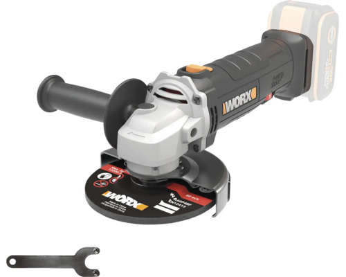 Worx Akku-Winkelschleifer mit Akku, Zusatzhandgriff, Schutzhaube und Schleifscheibe, inklusive Stirnlochschlüssel.