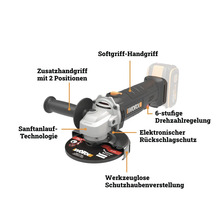 Worx Akku-Winkelschleifer mit Softgriff, Zusatzhandgriff, Sanftanlauf, 6-stufiger Drehzahlregelung und Rückschlagschutz.