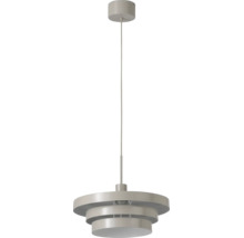 Pendelleuchte mit mehrstufigem, rundem Lampenschirm aus Metall in Grau.
