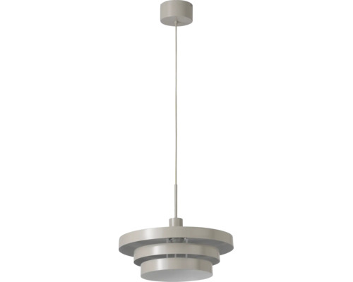 Pendelleuchte mit mehrstufigem, rundem Lampenschirm aus Metall in Grau.