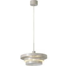 Moderne Pendelleuchte aus Metall mit dreistufigem, ringförmigem Schirm und zylindrischem Baldachin.