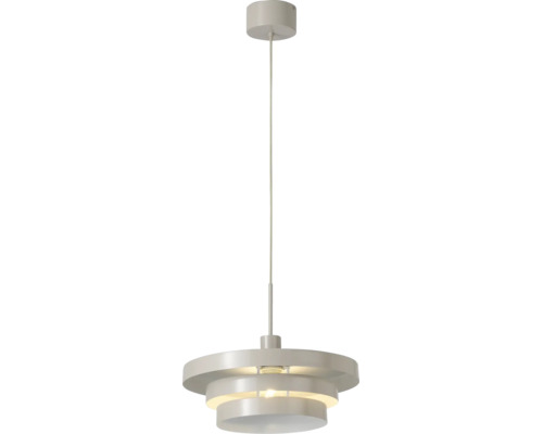 Moderne Pendelleuchte aus Metall mit dreistufigem, ringförmigem Schirm und zylindrischem Baldachin.