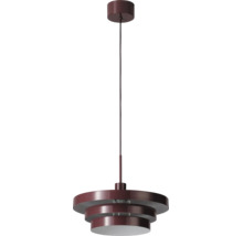Lila Pendelleuchte mit dreistufigem Metallschirm und runder Deckenrosette.