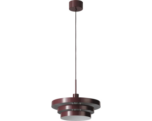 Lila Pendelleuchte mit dreistufigem Metallschirm und runder Deckenrosette.
