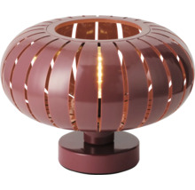 Moderne Tischleuchte in Weinrot mit vertikalen Metalllamellen in runder Form, sichtbarem Leuchtmittel und kreisförmigem Fuß.