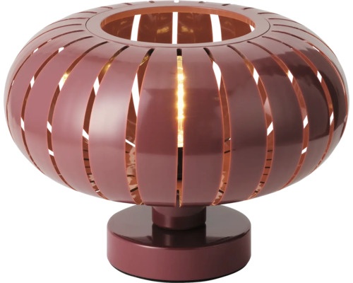 Moderne Tischleuchte in Weinrot mit vertikalen Metalllamellen in runder Form, sichtbarem Leuchtmittel und kreisförmigem Fuß.
