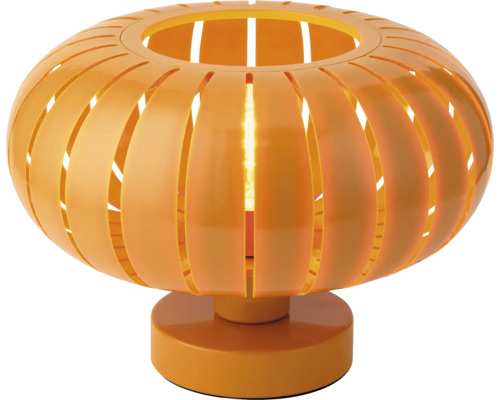 Runde Tischleuchte aus orangefarbenen Lamellen mit sichtbarem Leuchtmittel und kreisförmigem Standfuß.