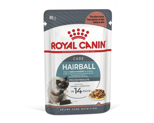 Royal Canin Katzenfutter Hairball Care, feine Stückchen in Soße zur Reduktion von Haarballen, Frischebeutel mit 85 Gramm.