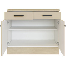 Küchenunterschrank mit zwei Schubladen und zwei offenen Türen, ein Einlegeboden, Holzoptik und helle Fronten.