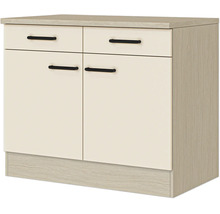 Küchen-Unterschrank mit zwei Schubladen, zwei Türen und schwarzen Griffen, helle Fronten und Korpus in Holzoptik.