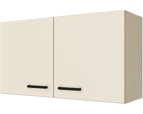 Zweitüriger Küchenoberschrank mit beigefarbener Front, Korpus in Eiche-Optik und schwarzen Griffen.