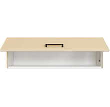 Hängeschrank mit Klappe, beiger Front und schwarzem Griff, weißer Innenraum.