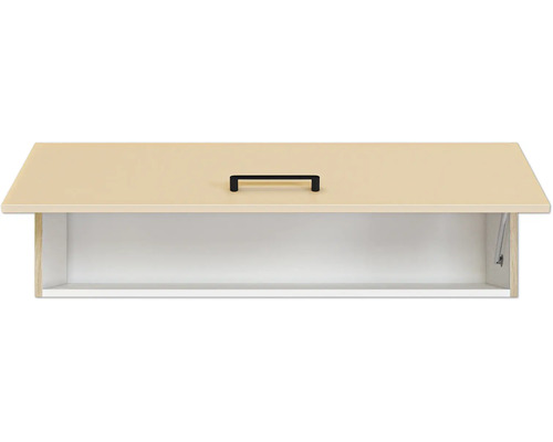 Hängeschrank mit Klappe, beiger Front und schwarzem Griff, weißer Innenraum.