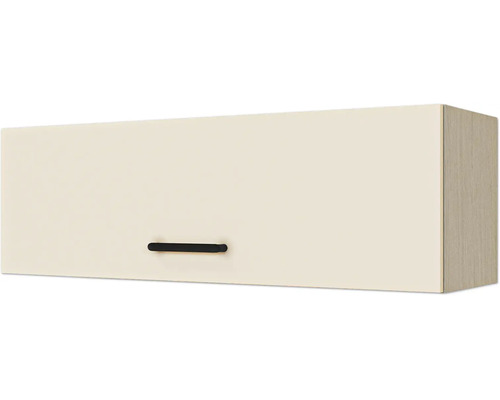 Küchen-Hängeschrank mit cremefarbener Front und schwarzem Bügelgriff.