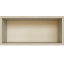 Rechteckiges Wandregal in Holzoptik mit beiger Rückwand.