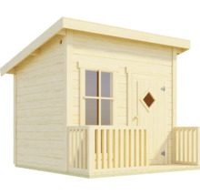 Gartenhaus aus Holz mit Pultdach, Einzeltür mit rautenförmigem Fenster, großem Fenster und kleiner Terrasse mit Geländer.