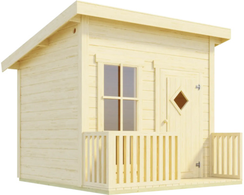 Gartenhaus aus Holz mit Pultdach, Einzeltür mit rautenförmigem Fenster, großem Fenster und kleiner Terrasse mit Geländer.